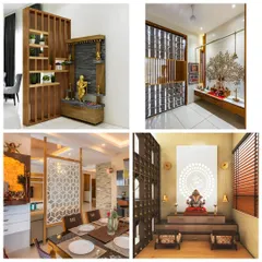 This collage shows four of our pooja unit and partition designs. We demonstrate how to integrate sacred spaces into living and dining areas using jaali screens and dedicated mandir cabinets.