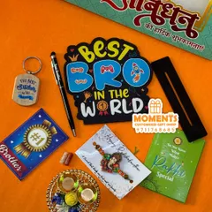 This Rakhi combo for a brother has everything you need for the ceremony. It includes a 'Best Bro' tabletop, a rakhi, a small thali with roli tika, a keychain, and more.