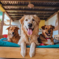 Three best friends hanging out together. Our boarding facility is a great place for dogs to socialize and enjoy each other's company.
