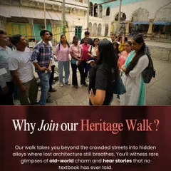 We believe in stories, not lectures. Here, one of our Walk Leaders is sharing tales of a forgotten haveli in Old Delhi, bringing the past to life for our group. This is what our heritage walks are all about: intimate, engaging, and full of discovery.