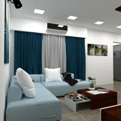 This 3D render was the first step in creating a modern living room. It allowed us to experiment with a cool blue and white color palette and finalize the furniture layout with the client.