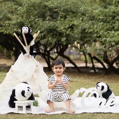 A full view of the outdoor setup, showing the lace teepee and animal props that create a fun picnic vibe.