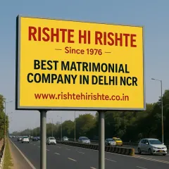 A bright yellow billboard proclaiming us as the "Best Matrimonial Company in Delhi NCR." Our presence and reputation are built on years of successful matchmaking.