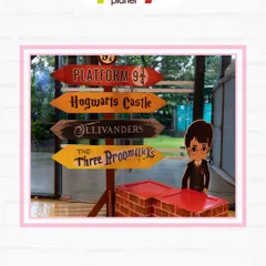 A directional signpost pointing to iconic locations like Platform 9 3/4, Hogwarts Castle, and Ollivanders, guiding guests through the magical world.