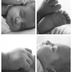 A four-panel black and white collage focusing on the delicate features of a sleeping newborn, from their tiny hands to their peaceful face and little feet.