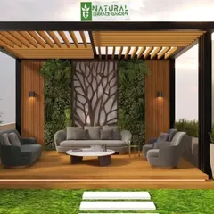 A 3D design proposal showcasing a cozy seating area under a modern pergola. The design incorporates a raised wooden deck, a vertical garden for a touch of green, and strategic lighting, allowing clients to visualize the final ambiance before we begin building.
