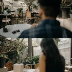 The first glance across a café. These over-the-shoulder shots create a cinematic feeling of two worlds about to connect, capturing the anticipation of a new love story.