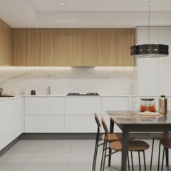 Can't decide on a color? This 3D render shows a kitchen design with classic white and wood grain laminate cabinets, paired with a marble-patterned backsplash for a bright and airy feel.