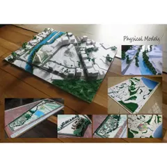 We use physical models to test and refine our urban design concepts in three dimensions. This collage shows various site models, which are crucial tools for understanding scale, topography, and the relationship between buildings and open spaces.