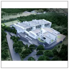 An aerial view of the school project in Kangra. The design consists of multiple interconnected blocks that create courtyards and open spaces, all nestled within a lush green landscape.