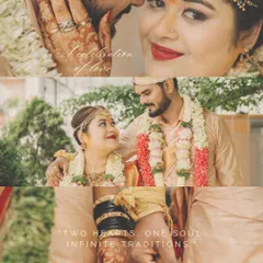 A creative collage capturing key moments of a South Indian wedding, from the couple's portrait to details of their hands and traditional attire. This tells a multi-faceted story of the day.