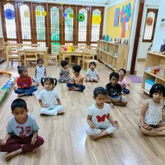 A moment of calm and focus as our campers practice a seated meditation pose. We teach mindfulness techniques to help children manage their energy and emotions.