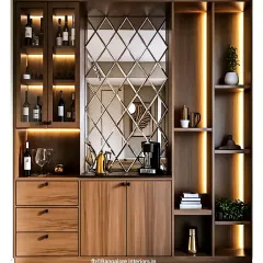 A sophisticated bar and display unit featuring a diamond-patterned mirror backsplash. The design combines open shelves with ambient lighting, a wine cabinet, and closed storage.