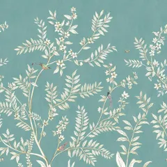 A detailed view of the refined botanical poetry that defines the Daisy Bennett collection. Tiny birds perch on delicate branches, adding a touch of life and sophistication to this elegant wallcovering.