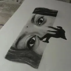 A conceptual artwork where a silhouette appears to be climbing or falling within the gaze of a pair of eyes. This piece is about the internal struggles and journeys we all face.