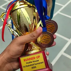 A close-up of the runner-up trophy and medals from the Hustle House 3x3 Tournament. Even in tight competition, our youth team showed incredible fight and skill, proving they are ready for any challenge.