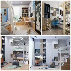 A mood board of four imaginative kids' bedroom designs. This collage features bunk beds, integrated study areas, and creative storage solutions to inspire your child's dream room.