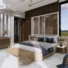 A view showing the connection between the bedroom and the outdoors. The large glass doors not only offer a beautiful view but also ensure the room is well-ventilated and filled with natural prana, or life-force energy.