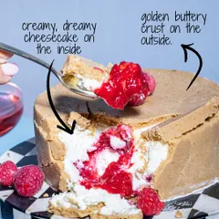 I love to play with tradition, and our upside-down cheesecake is the perfect example. It features a golden, buttery crust on the outside with a creamy, dreamy cheesecake and raspberry filling on the inside.