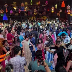 The dance floor during a high-energy Dandiya set. I specialize in cultural events, making sure the music is authentic and keeps everyone moving.