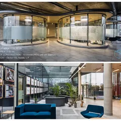 Interior views of the Sleepwell corporate office. The design includes a biophilic lounge area and unique curved glass meeting pods, demonstrating our approach to creating varied and engaging workspaces within a large floor plate.