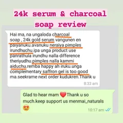 "Pimples nalla kammi aiduchu" (Pimples have reduced a lot). I was so happy to hear my charcoal soap and 24k gold serum made such a good difference for this customer's son.