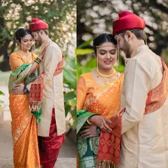 A romantic diptych showing a Maharashtrian couple in a loving embrace, capturing their connection from different angles.