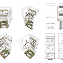 A series of 3D and 2D drawings for a home designed around a central courtyard. This layout ensures that every room is filled with daylight and has a connection to the private green space at the heart of the house.