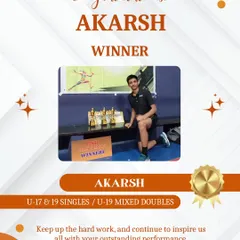 We are incredibly proud of our champions. This is Akarsh, celebrating a triple trophy win in U-17 & U-19 Singles and U-19 Mixed Doubles. His success is a testament to his relentless hard work.