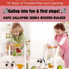 The Hape Galloping Zebra is a beautifully crafted wooden walker that encourages first steps. Its sturdy base provides support while the rubber-rimmed wheels protect your floors.