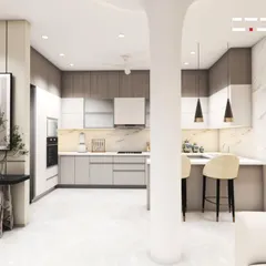 A concept for an open-plan kitchen with a breakfast bar, perfect for casual meals and socializing. The design uses a mix of wood-grain and solid grey cabinets, accented by elegant pendant lights.