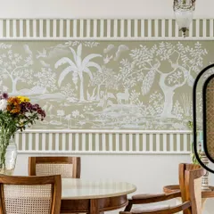 I believe in making every kona (corner) tell a story. This hand-painted Rajasthani mural in a dining area is a perfect example. It brings a serene, heritage-inspired narrative to everyday meals, blending traditional art with a modern aesthetic.