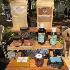 My product display at the Lady Doak College alumnae meet. You can see my Anti-Acne and De-Tan packs, Chocolate Wax powder, hair oil, and soaps.