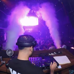 My view from the booth as the CO2 cannons blast the crowd at Sinq Nightclub.