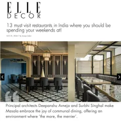 We were delighted to see our project, Masala, featured in Elle Decor's list of must-visit restaurants in India. The article highlights how we designed the space to embrace the joy of communal dining.