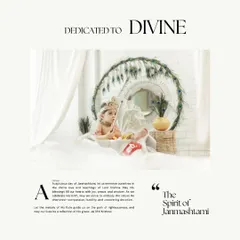 This composed image celebrates the spirit of Janmashtami, featuring a baby dressed as Krishna in a divine-looking setup with peacock feathers. It's a beautiful tribute to the festival, blending devotion with the innocence of childhood.
