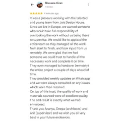 A review from my clients who managed their project from abroad. Their trust in my team to handle everything from start to finish is the highest compliment we can receive.