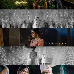A collage of moments from a grand wedding, from the decor to the dramatic Varmala with fireworks. This gives a sense of the scale and emotion of the day.