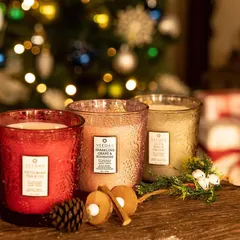 Create the warmth you deserve this holiday season. Our Valeno glass candles in Victorian Tea Rose, Sparkling Grape & Kishmish, and Persian Oud are perfect for adding a festive glow to your home.