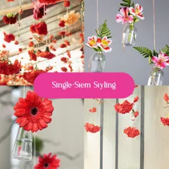A look at single-stem styling, a minimalist yet impactful trend. Hanging individual blooms in small vases creates a delicate, whimsical effect that is both modern and romantic.