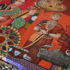 A detail shot revealing the layers of decoupage and hand-painting. This piece draws from reverse glass painting traditions, weaving together themes of fashion, jewelry, and objets d’art.