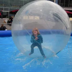 Our Zorb Balls can be used on water inside a large inflatable pool. Guests can climb inside the transparent ball and attempt to walk or run on the water's surface.