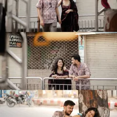 A collage of a couple's day out in an Agra market, showing their playful and natural interactions in an urban setting.