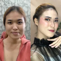 A side-by-side before and after. This transformation showcases a complete glam-up, with sculpted brows, winged eyeliner, and contoured features for a chic, party-ready look.