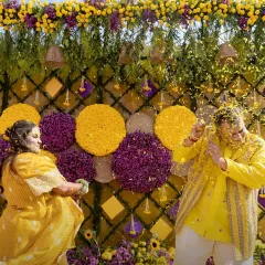 A playful moment between the couple during their Haldi, set against a stunning floral wall of yellow and purple, adding a unique twist to the traditional decor.