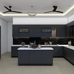 The central island in this kitchen isn't just for prep work; it's a social hub. With comfortable seating and a clean white marble top, it’s the perfect spot for casual meals or for guests to gather while you cook.