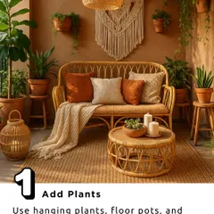 A key element of Bohemian design is bringing nature indoors. This cozy balcony setup uses a variety of potted plants, a rattan sofa, and earthy tones to create a perfect, free-spirited relaxation corner.