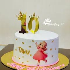A pretty cake for a 10th birthday. The simple white design is personalized with the birthday girl's name and a cute illustration.