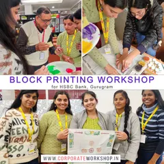 Participants at a corporate workshop for HSBC learning the traditional craft of block printing on fabric.