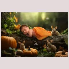A whimsical autumn forest scene for this little one. Surrounded by friendly bunnies and pumpkins, this newborn sleeps soundly, showing how we use creative composites to bring imagination to life.